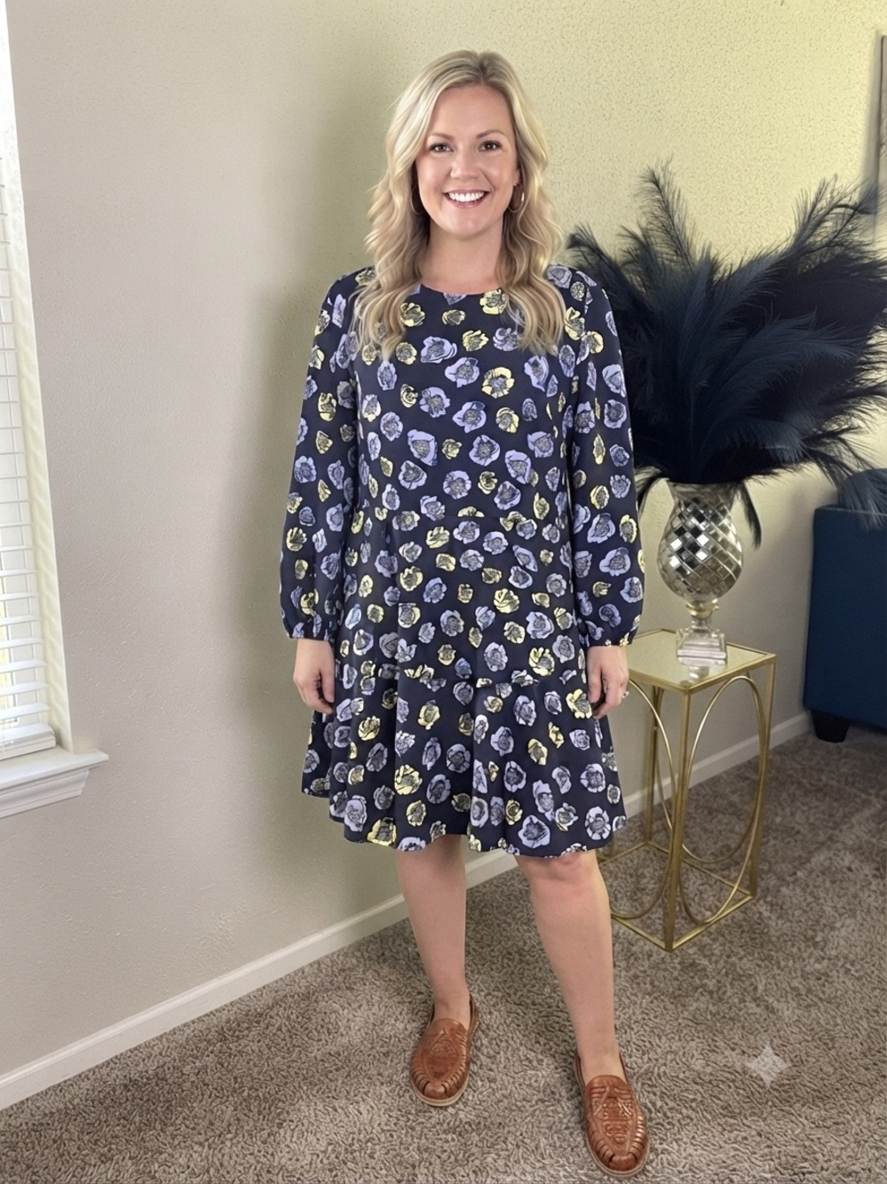 LOFT Outlet Navy Blue Floral Long Sleeve Drop Waist Dress Size Large